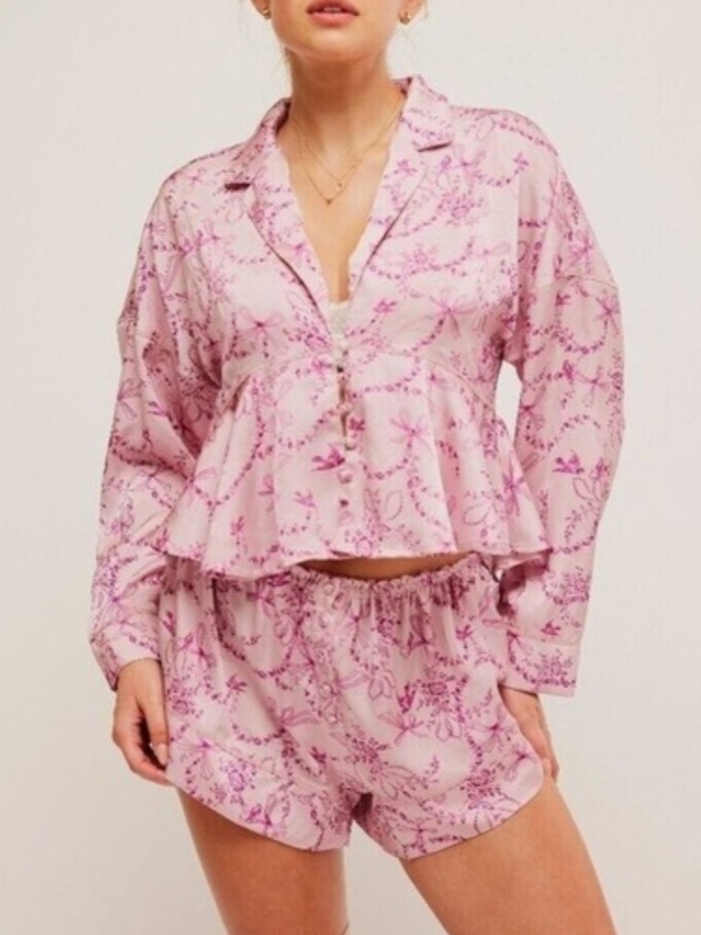 Free People Pink Floral Print Satin PJ Set, SZ XL, EUC